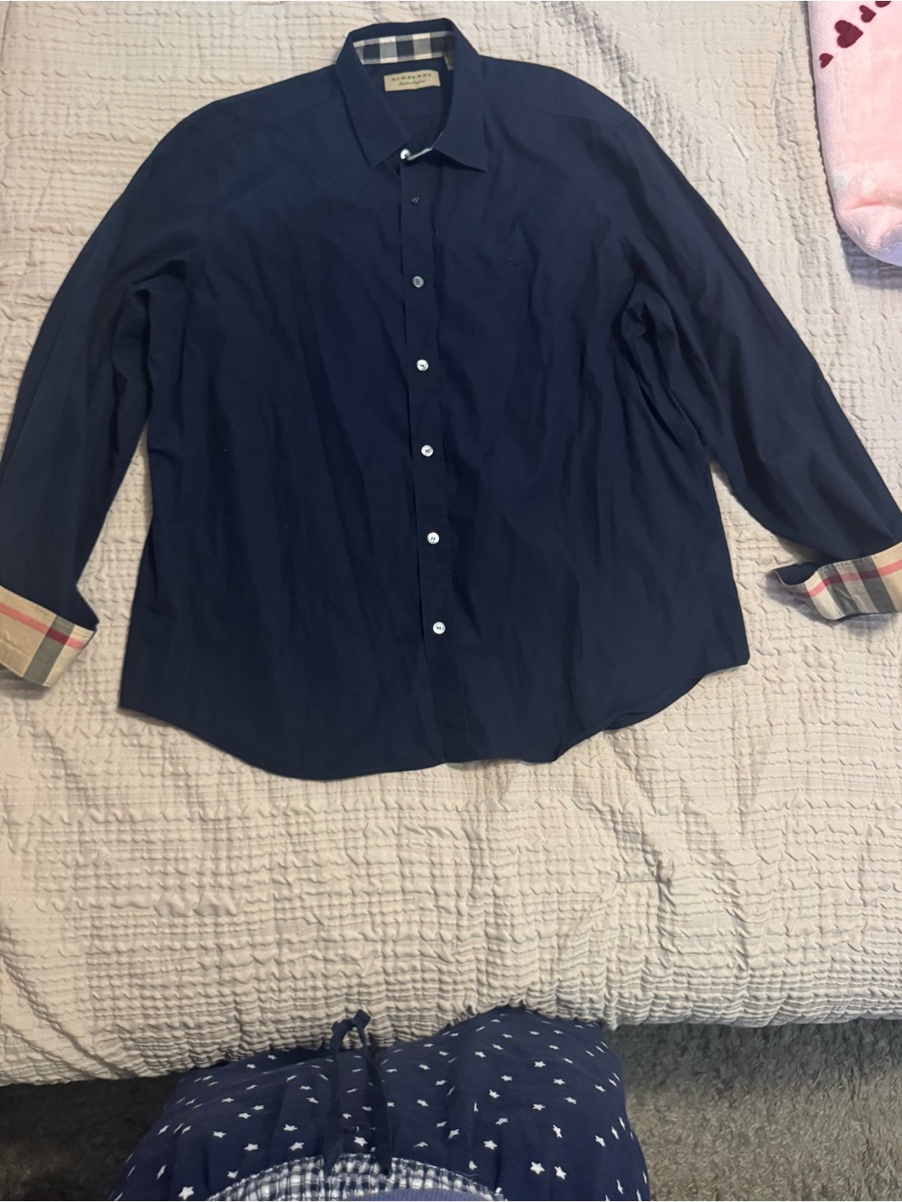 Burberry Navy Button-Front Dress Shirt with Check Cuff Trim